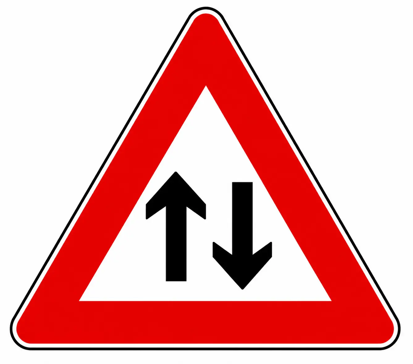 Red triangular warning sign with two arrows pointing up and down