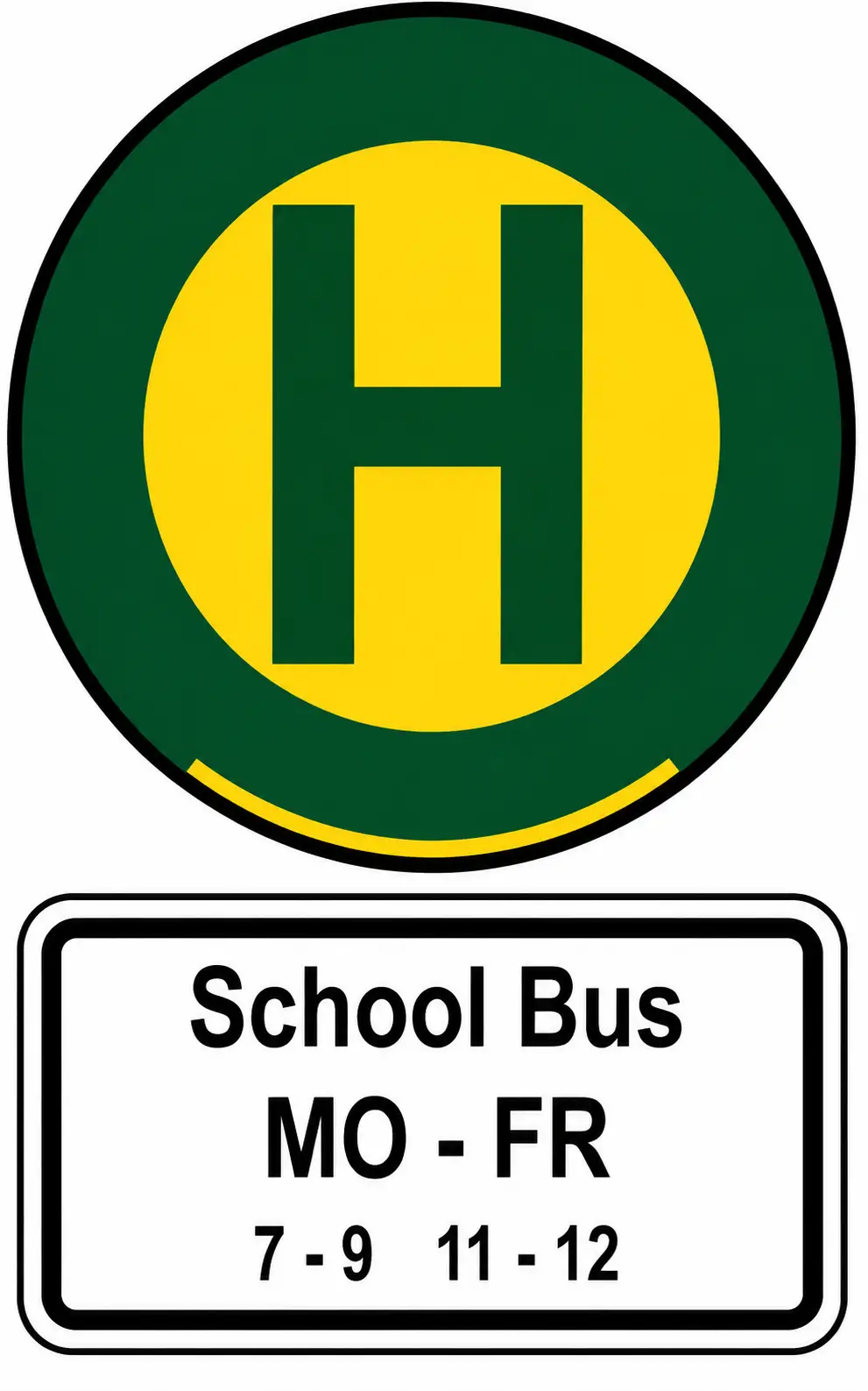 Green bus stop sign with H and School Bus text