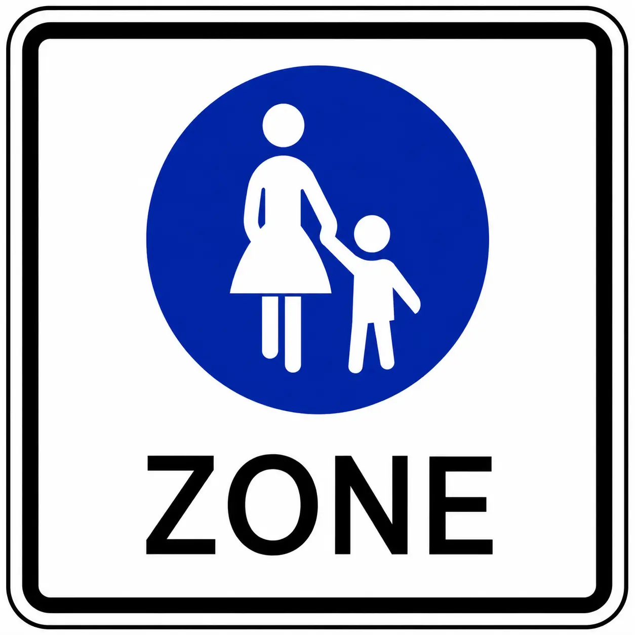Blue square sign showing pedestrian and child with ZONE text