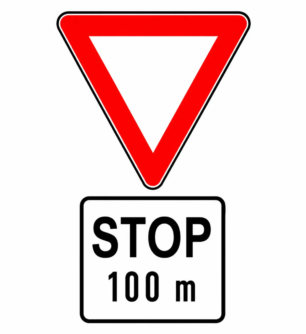 Give way sign with STOP 100m supplementary plate