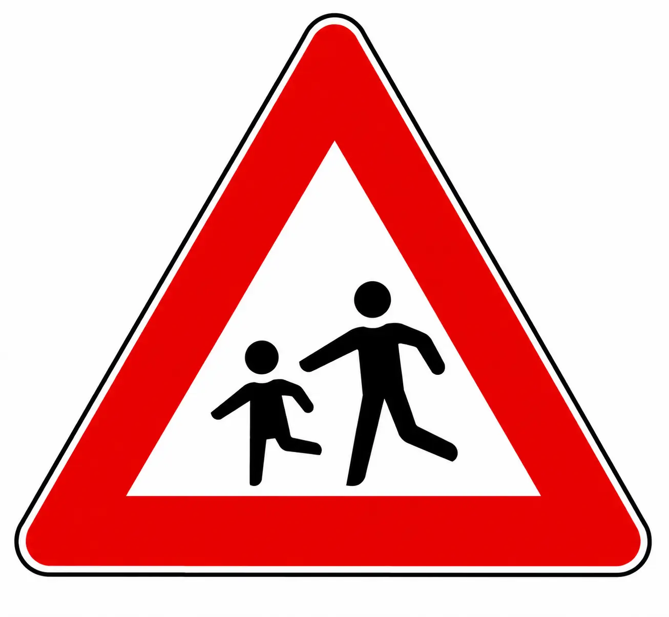 Red triangular warning sign showing an adult and child crossing
