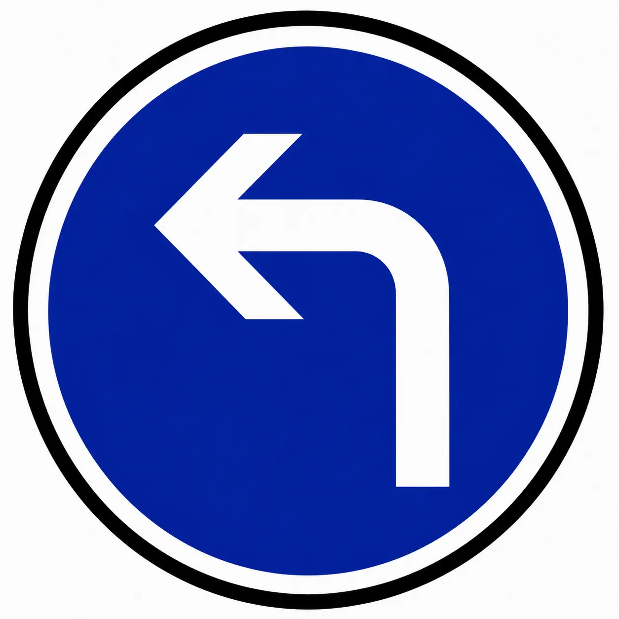 Blue circular sign with white arrow pointing left