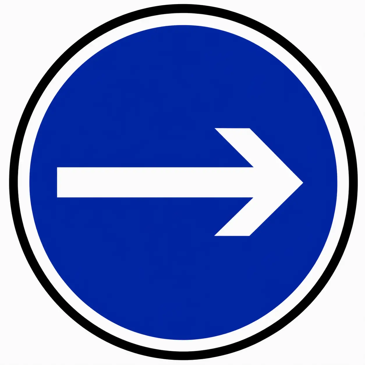 Blue circular sign with white arrow pointing right
