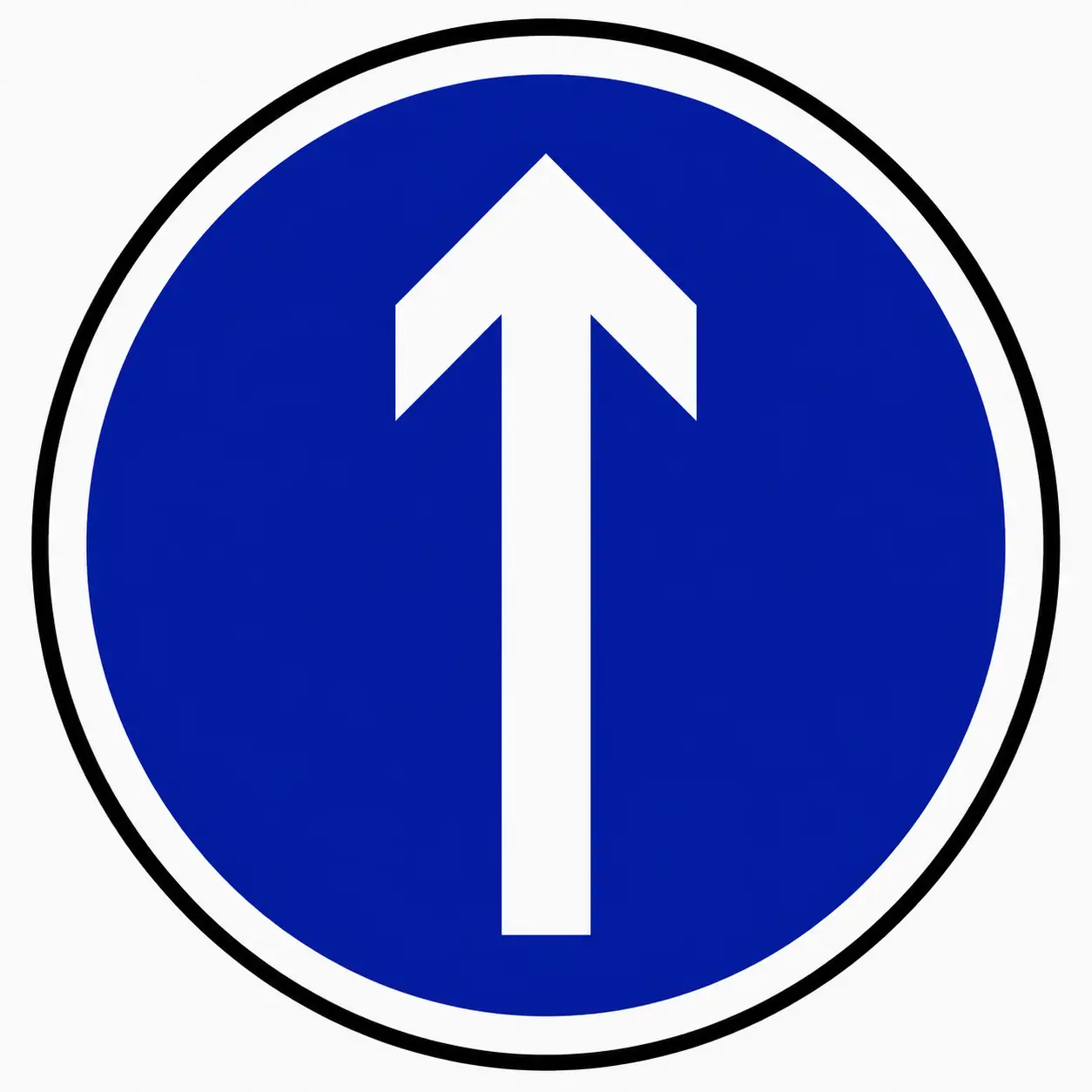 Blue circular sign with white arrow pointing straight ahead