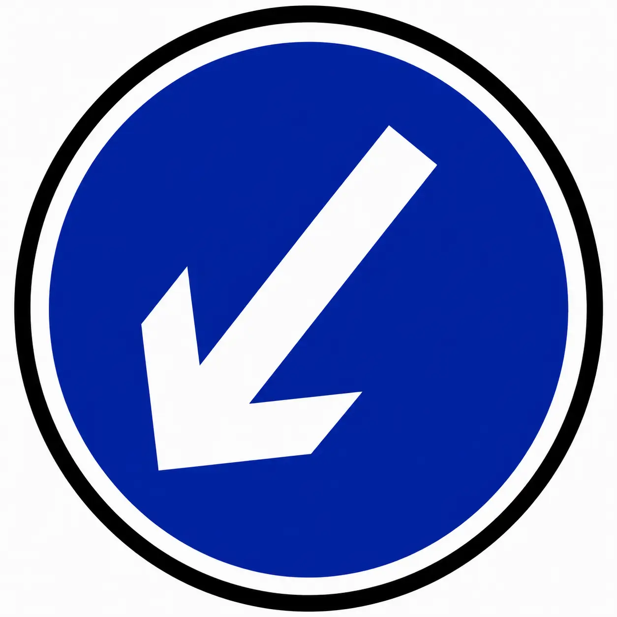 Blue circular sign with white arrow pointing down-left