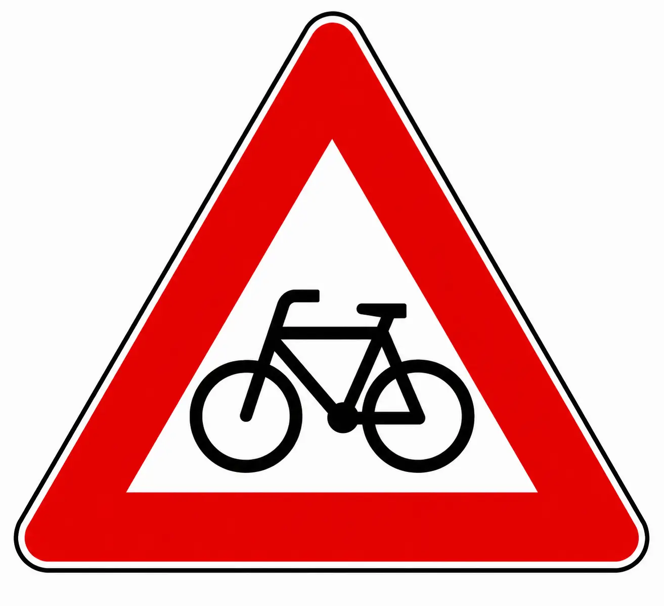Red triangular warning sign showing a bicycle