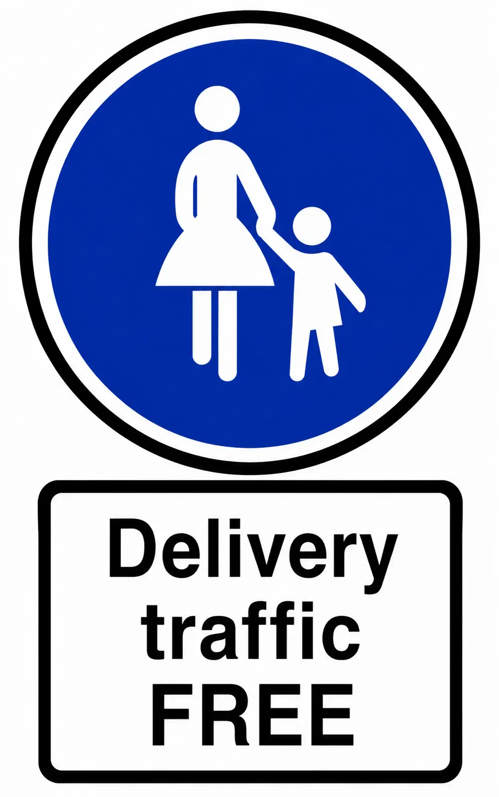 Blue pedestrian zone sign with Delivery traffic FREE plate