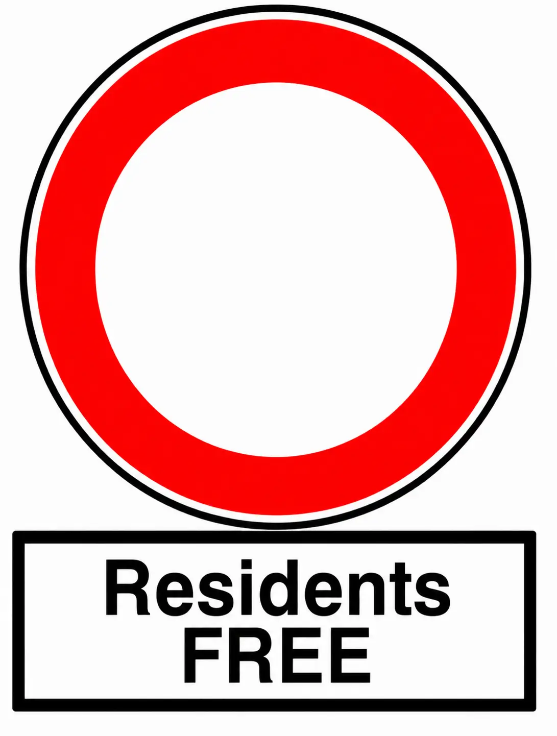 Red circular no entry sign with Residents FREE plate