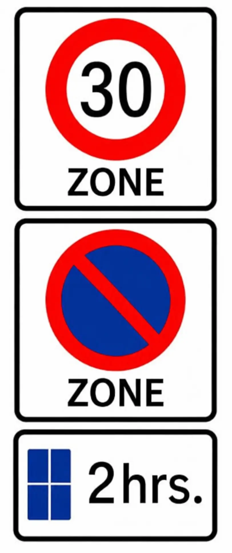 30 ZONE, no parking zone, and 2hrs signs