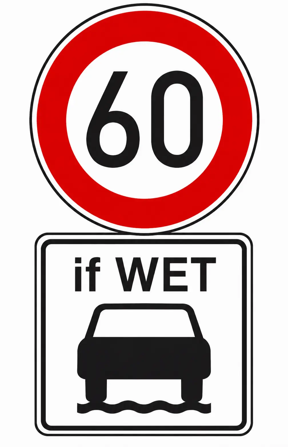 60 km/h sign with IF WET and car supplementary plate