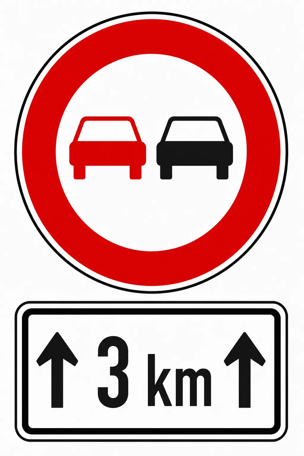 No overtaking sign with 3 km supplementary plate