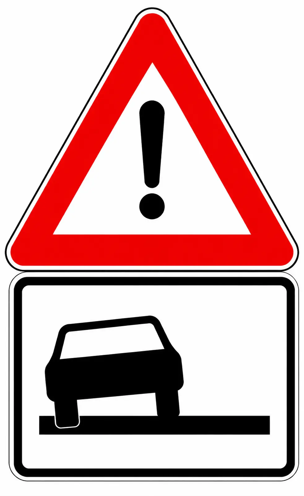 Red triangular warning sign with exclamation mark and a car on a tow truck below